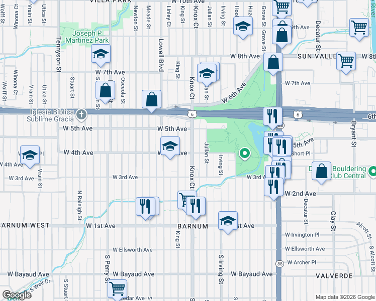 map of restaurants, bars, coffee shops, grocery stores, and more near 401 Knox Court in Denver