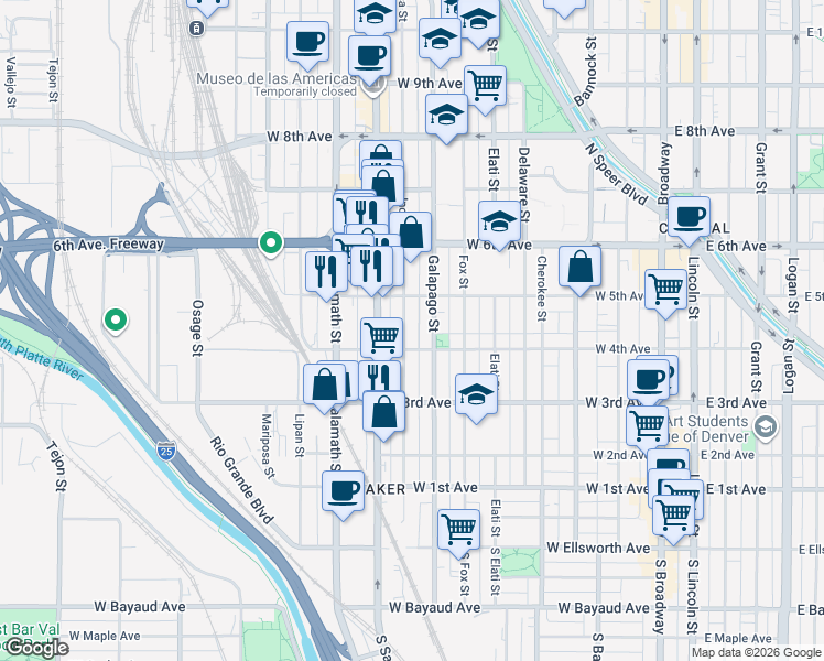 map of restaurants, bars, coffee shops, grocery stores, and more near 422 Inca St in Denver