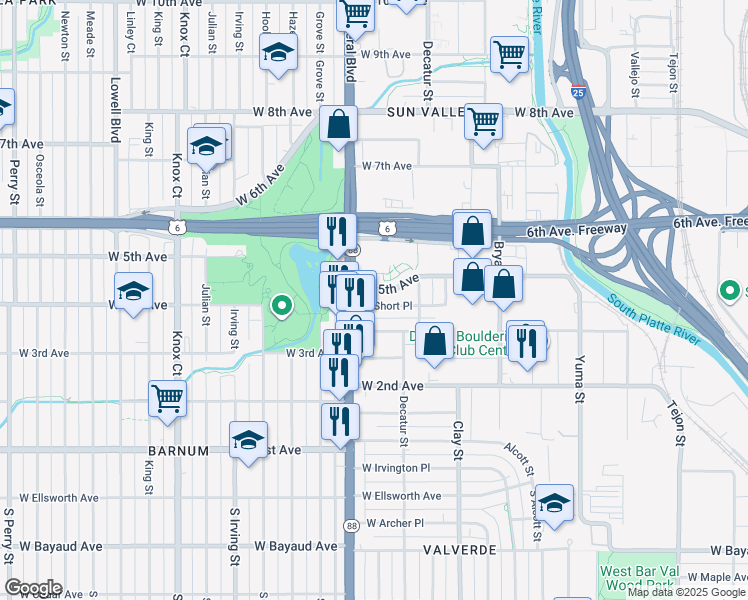 map of restaurants, bars, coffee shops, grocery stores, and more near 2931 West Short Place in Denver