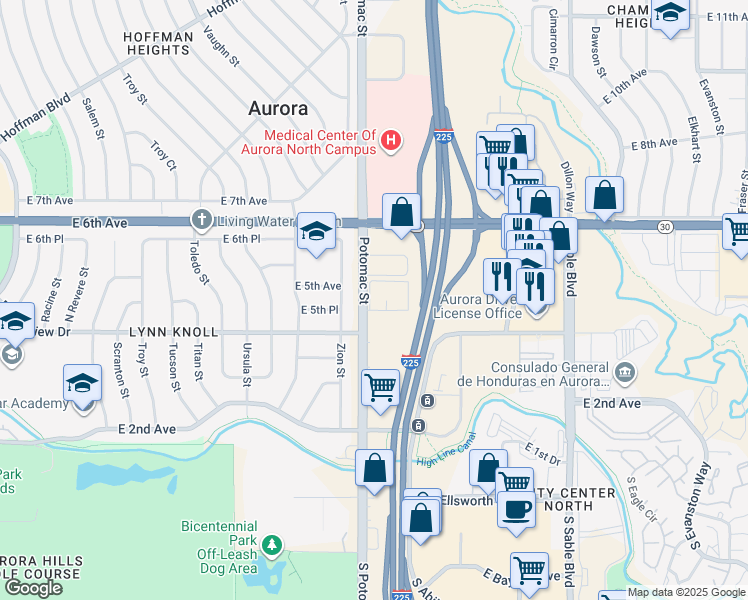 map of restaurants, bars, coffee shops, grocery stores, and more near 13700 East 5th Circle in Aurora