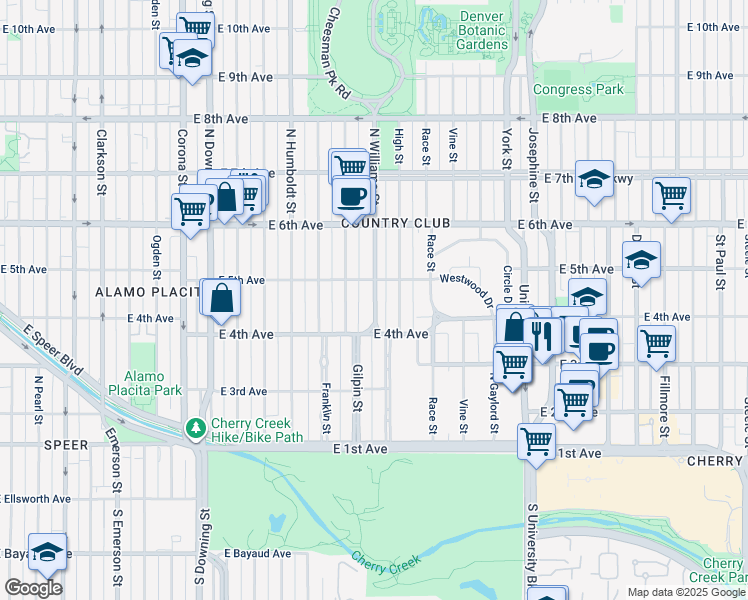 map of restaurants, bars, coffee shops, grocery stores, and more near 456 North Williams Street in Denver