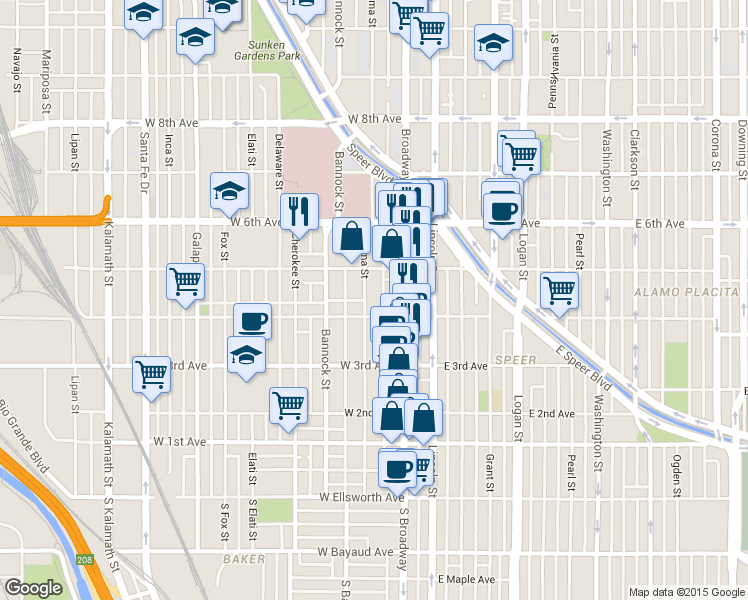 map of restaurants, bars, coffee shops, grocery stores, and more near 425 Acoma Street in Denver
