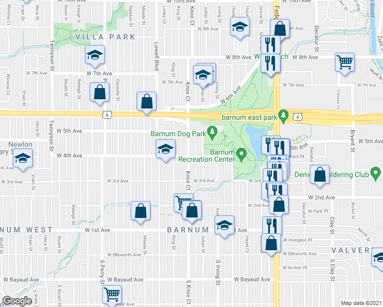 map of restaurants, bars, coffee shops, grocery stores, and more near 403 Julian Street in Denver