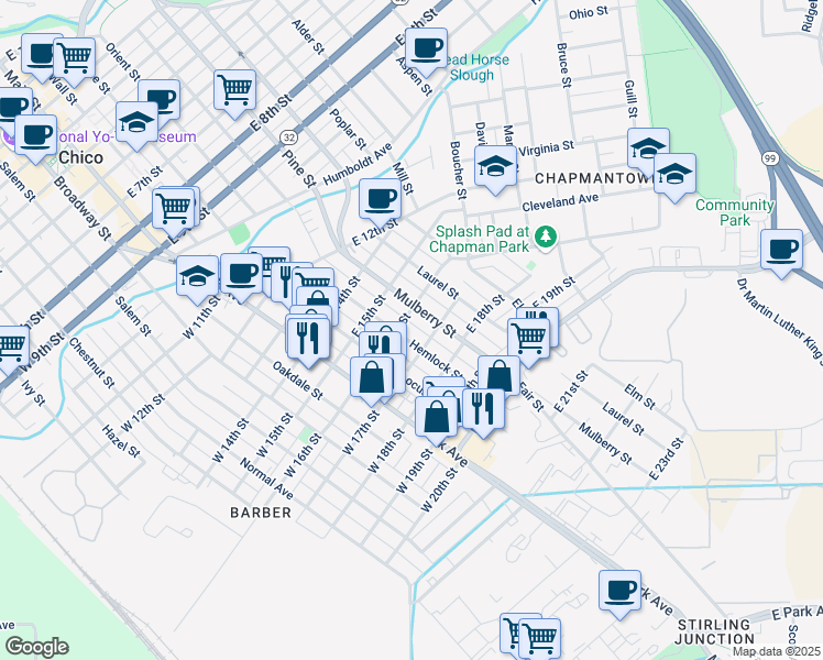 map of restaurants, bars, coffee shops, grocery stores, and more near 1601 Hemlock Street in Chico