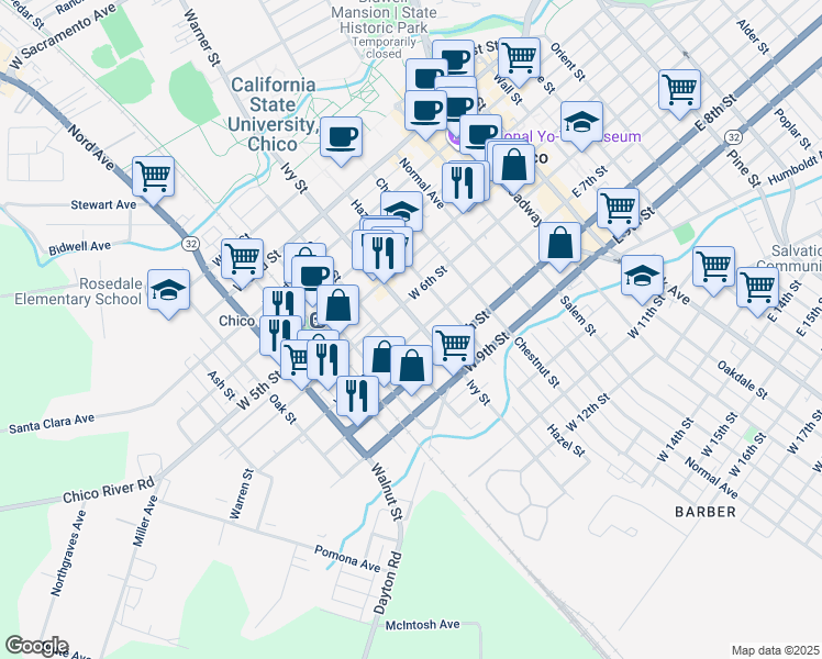 map of restaurants, bars, coffee shops, grocery stores, and more near 718 Ivy Street in Chico