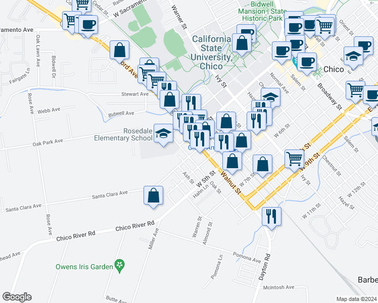 map of restaurants, bars, coffee shops, grocery stores, and more near 1128 West 3rd Street in Chico