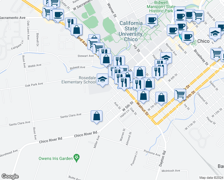 map of restaurants, bars, coffee shops, grocery stores, and more near 220 Oak Street in Chico