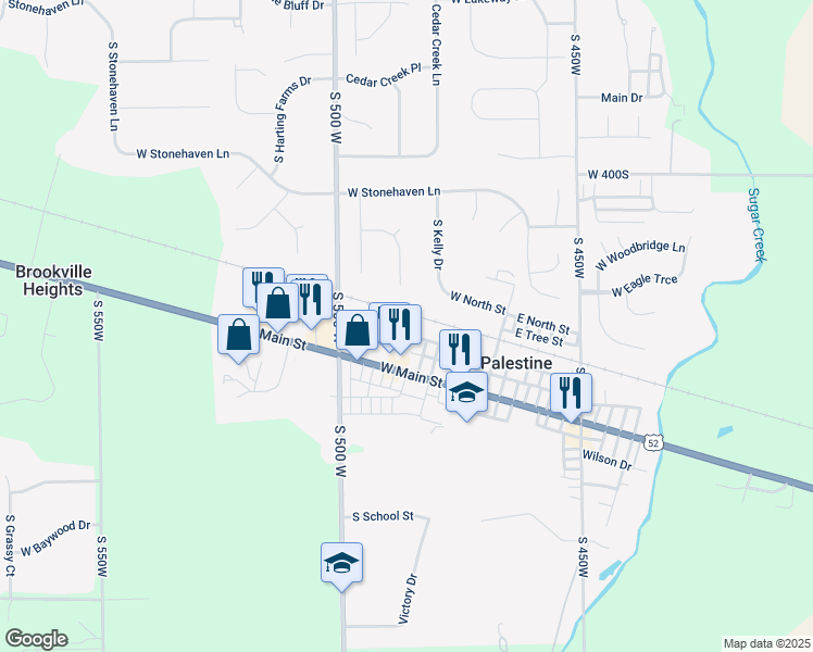 map of restaurants, bars, coffee shops, grocery stores, and more near 44 West Mill Street in New Palestine