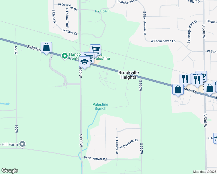 map of restaurants, bars, coffee shops, grocery stores, and more near 4400 Terrace Drive in New Palestine