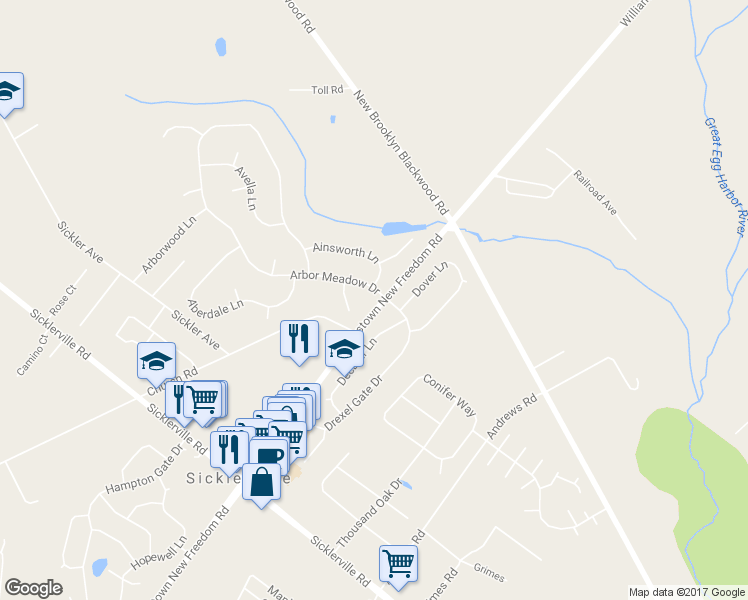 map of restaurants, bars, coffee shops, grocery stores, and more near 1 Arbor Meadow Drive in Sicklerville