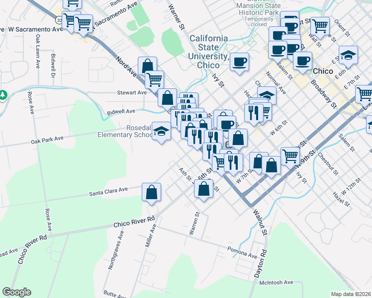 map of restaurants, bars, coffee shops, grocery stores, and more near 1144 West 3rd Street in Chico