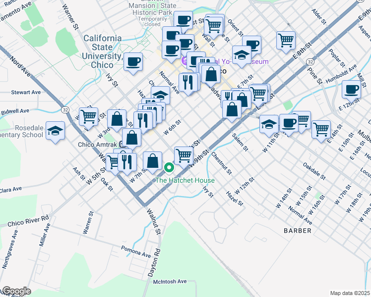 map of restaurants, bars, coffee shops, grocery stores, and more near 724 Hazel Street in Chico