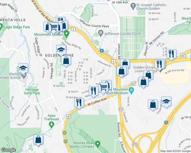 map of restaurants, bars, coffee shops, grocery stores, and more near 241 Fawn Street in Golden