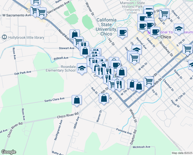 map of restaurants, bars, coffee shops, grocery stores, and more near 1128 West 3rd Street in Chico