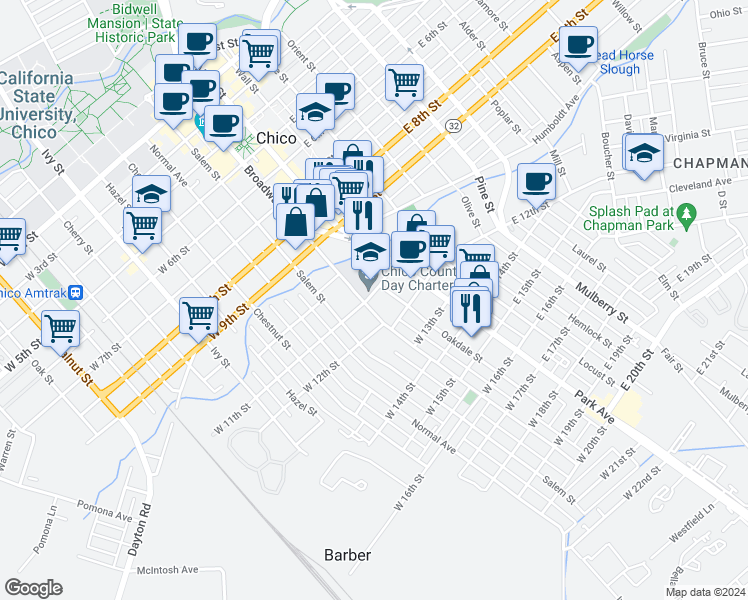 map of restaurants, bars, coffee shops, grocery stores, and more near 147 West 11th Street in Chico