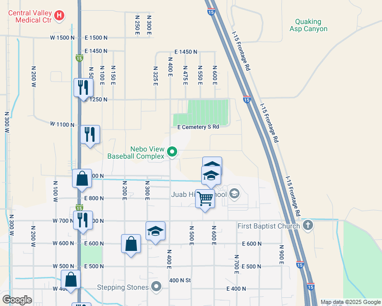 map of restaurants, bars, coffee shops, grocery stores, and more near 484 East 1020 North in Nephi