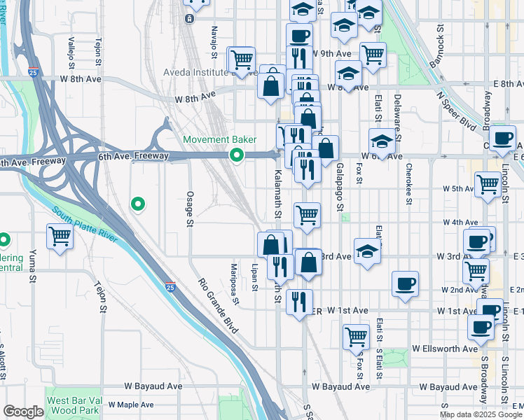 map of restaurants, bars, coffee shops, grocery stores, and more near 424 Lipan Street in Denver