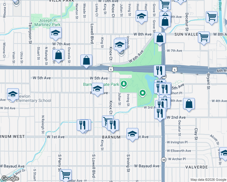 map of restaurants, bars, coffee shops, grocery stores, and more near 403 Julian Street in Denver