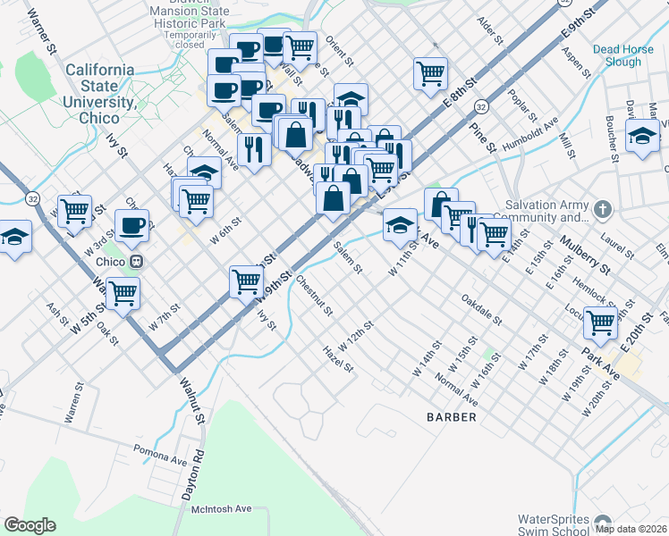 map of restaurants, bars, coffee shops, grocery stores, and more near 955 Normal Avenue in Chico