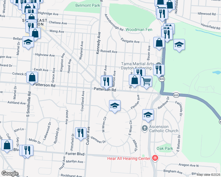 map of restaurants, bars, coffee shops, grocery stores, and more near in Dayton