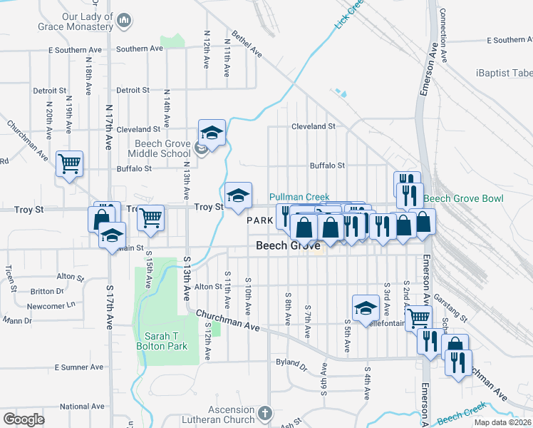 map of restaurants, bars, coffee shops, grocery stores, and more near 80 North 9th Avenue in Beech Grove
