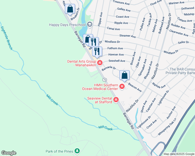map of restaurants, bars, coffee shops, grocery stores, and more near 1213 Barnacle Drive in Stafford Township