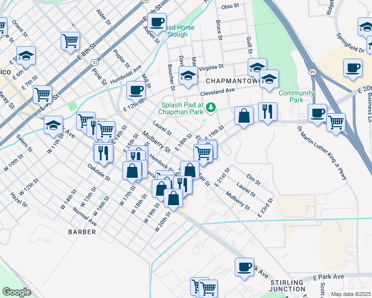 map of restaurants, bars, coffee shops, grocery stores, and more near 1822 Laurel Street in Chico