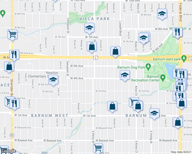 map of restaurants, bars, coffee shops, grocery stores, and more near 406 Perry Street in Denver