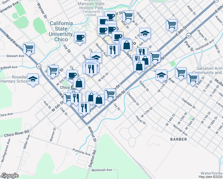 map of restaurants, bars, coffee shops, grocery stores, and more near 724 Hazel Street in Chico