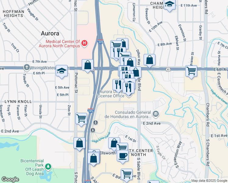 map of restaurants, bars, coffee shops, grocery stores, and more near 14221 East 4th Avenue in Aurora