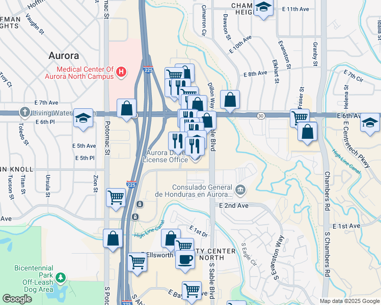 map of restaurants, bars, coffee shops, grocery stores, and more near 427 Sable Boulevard in Aurora