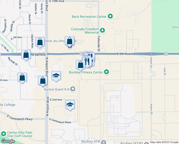 map of restaurants, bars, coffee shops, grocery stores, and more near 365 North Telluride Street in Aurora