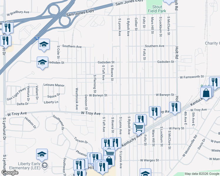map of restaurants, bars, coffee shops, grocery stores, and more near 2836 South Roena Street in Indianapolis