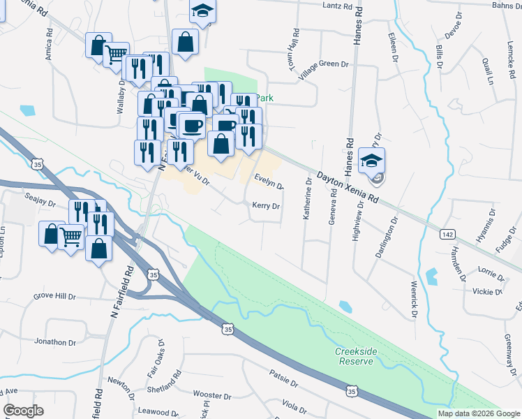 map of restaurants, bars, coffee shops, grocery stores, and more near 3160 Cymar Drive in Dayton