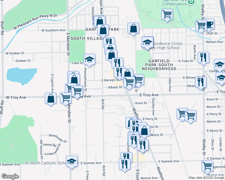 map of restaurants, bars, coffee shops, grocery stores, and more near 347 Albany Street in Indianapolis