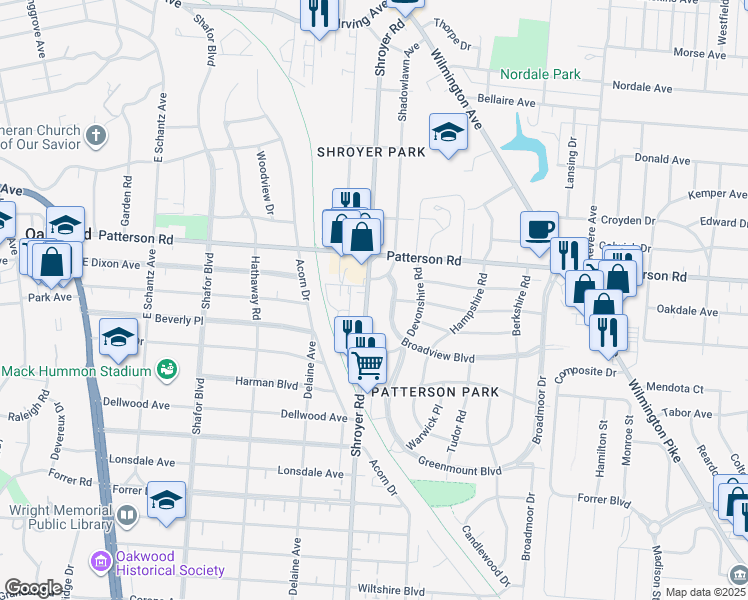 map of restaurants, bars, coffee shops, grocery stores, and more near 826 Shroyer Road in Dayton