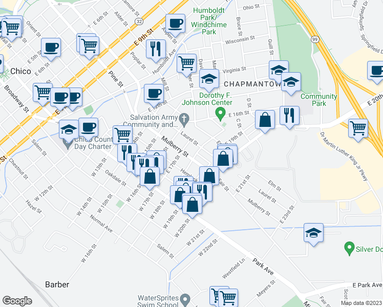 map of restaurants, bars, coffee shops, grocery stores, and more near 1733 Mulberry Street in Chico