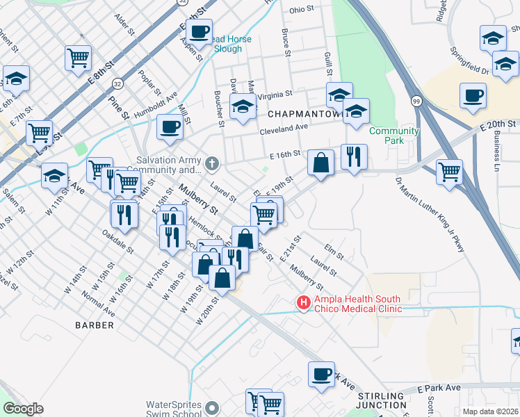 map of restaurants, bars, coffee shops, grocery stores, and more near 573 East 19th Street in Chico