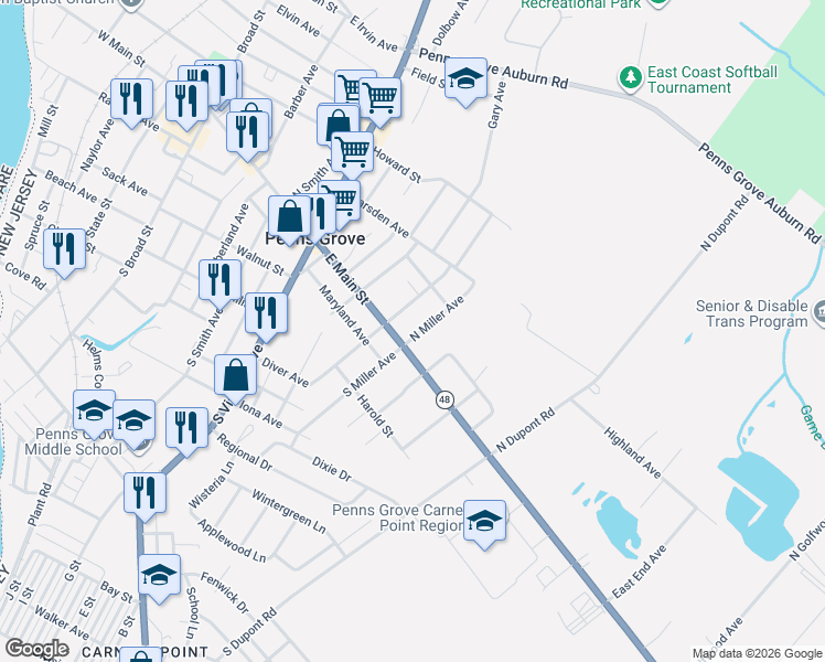 map of restaurants, bars, coffee shops, grocery stores, and more near 8 North Miller Avenue in Carneys Point Township