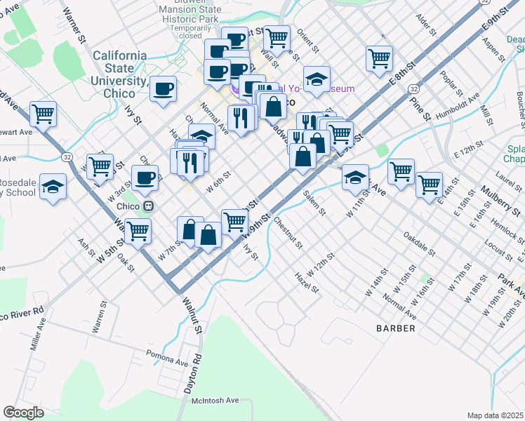 map of restaurants, bars, coffee shops, grocery stores, and more near 822 Chestnut Street in Chico