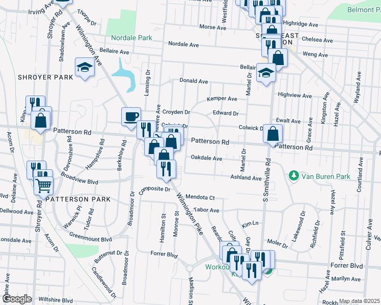map of restaurants, bars, coffee shops, grocery stores, and more near 1109 Oakdale Avenue in Dayton
