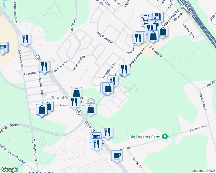 map of restaurants, bars, coffee shops, grocery stores, and more near 92 Olympia Lane in Sicklerville