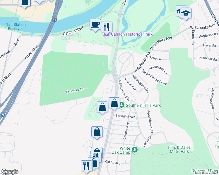 map of restaurants, bars, coffee shops, grocery stores, and more near 1619 Carrollton Avenue in Dayton