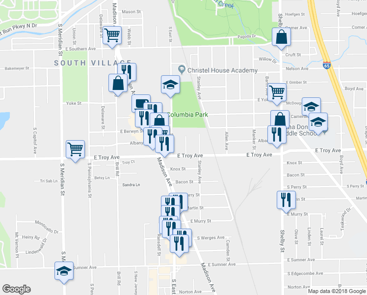 map of restaurants, bars, coffee shops, grocery stores, and more near 2942 Beech Street in Indianapolis