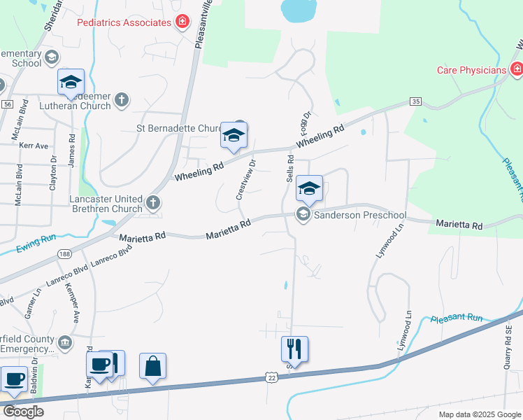 map of restaurants, bars, coffee shops, grocery stores, and more near 1331 Marietta Road in Lancaster
