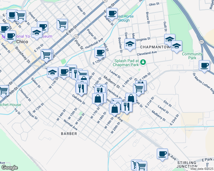 map of restaurants, bars, coffee shops, grocery stores, and more near 1601 Hemlock Street in Chico