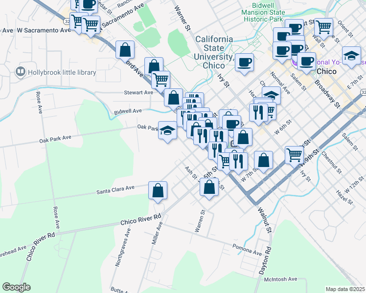 map of restaurants, bars, coffee shops, grocery stores, and more near 220 Oak Street in Chico