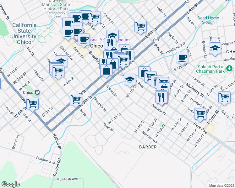 map of restaurants, bars, coffee shops, grocery stores, and more near 1054 Broadway Street in Chico