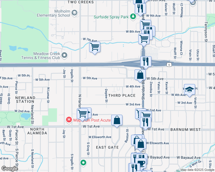 map of restaurants, bars, coffee shops, grocery stores, and more near 5651 West 4th Avenue in Denver