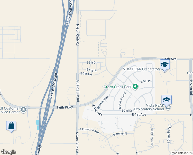 map of restaurants, bars, coffee shops, grocery stores, and more near 23546 East 5th Place in Aurora
